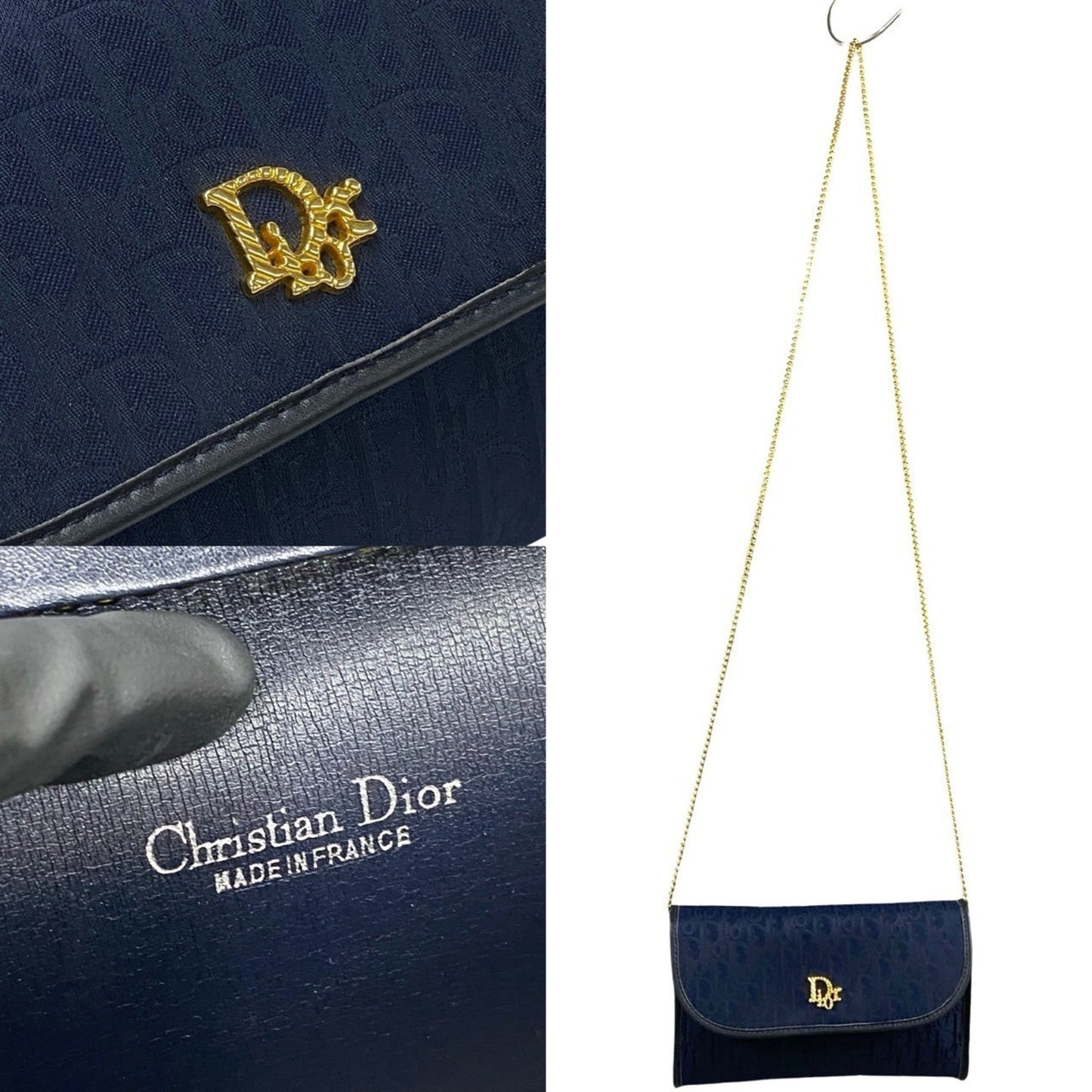 Christian Dior Navy Leather Canvas Shoulder Bag  