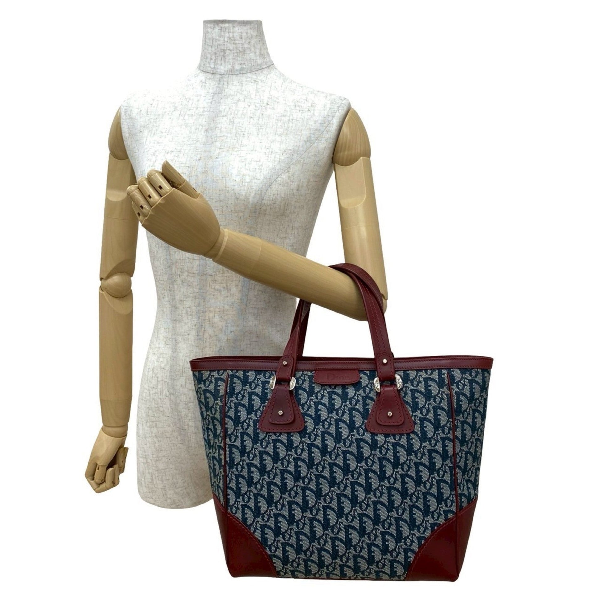 Christian Dior Navy Wine Canvas Leather Handbag Tote Bag  