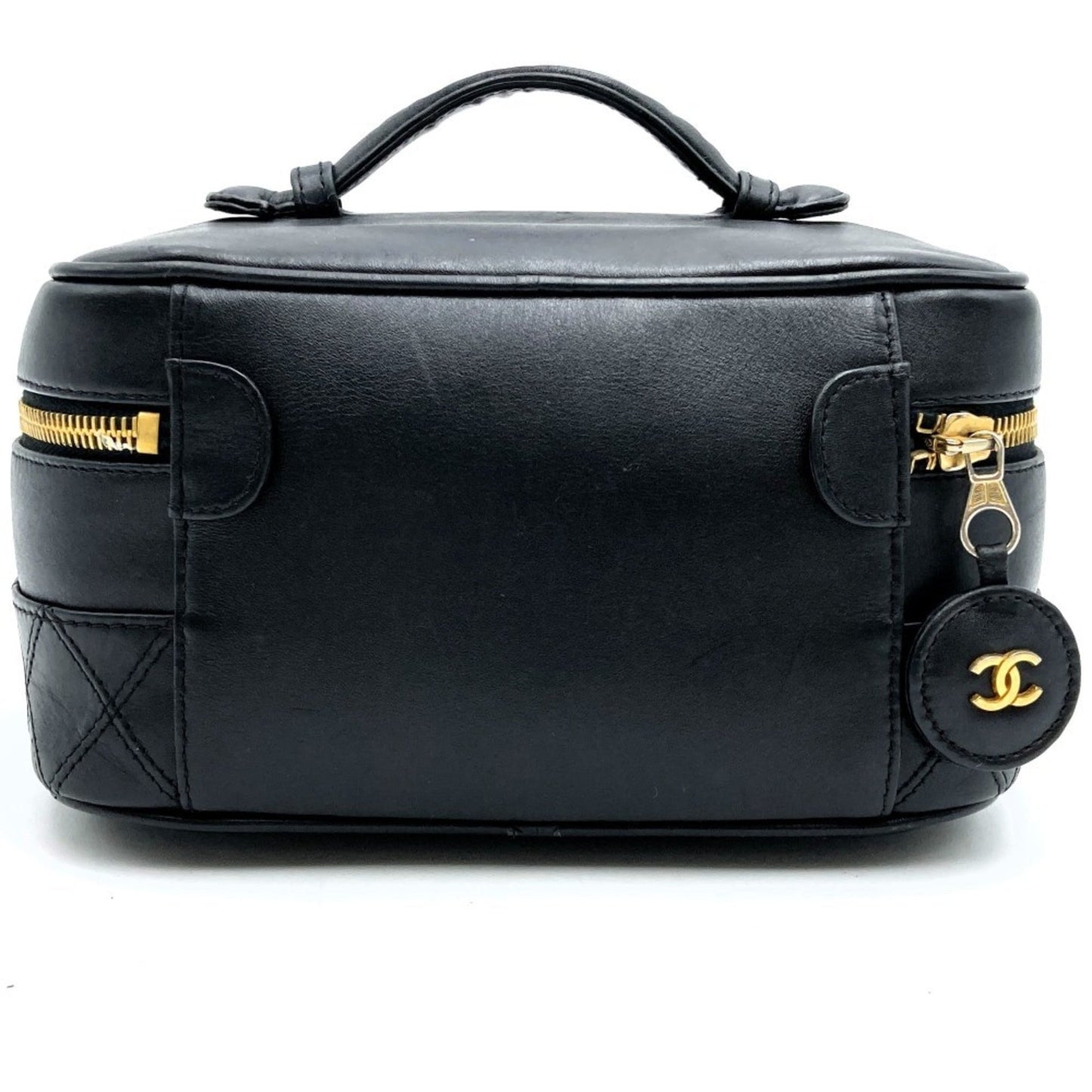 CHANEL Bicolor Vanity Bag Cosmetic Pouch Coco Mark Black Lambskin Leather Women s