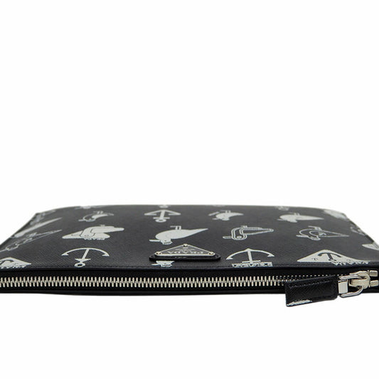 Prada Saffiano Leather Document Holder Black x White Clutch Bag Pouch