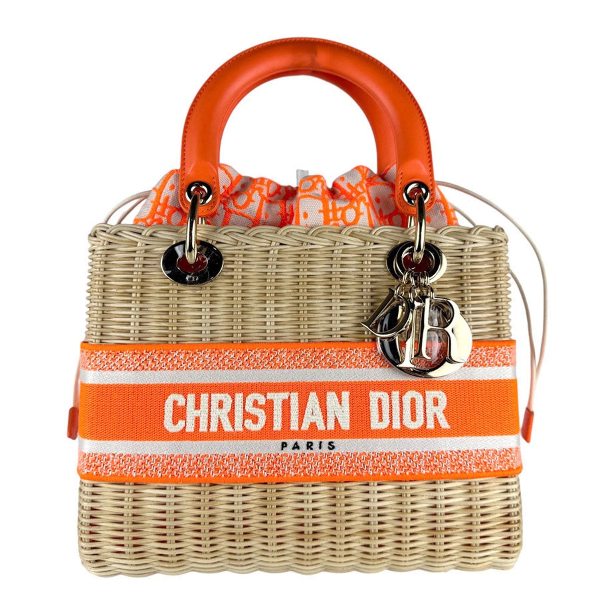 Christian Dior Neon Orange Straw Leather Canvas Handbag Shoulder Bag  