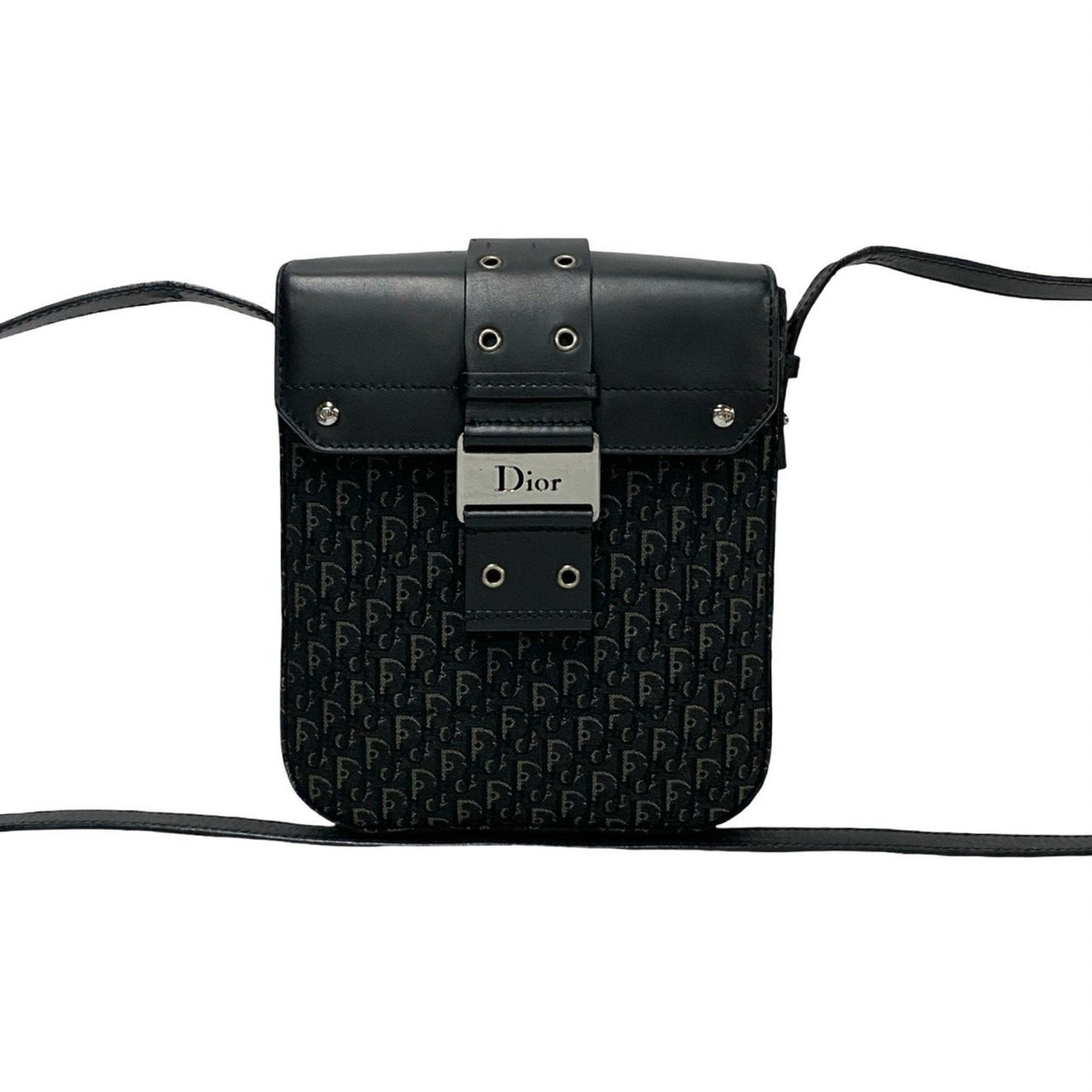 Christian Dior Black Leather Canvas Shoulder Bag  
