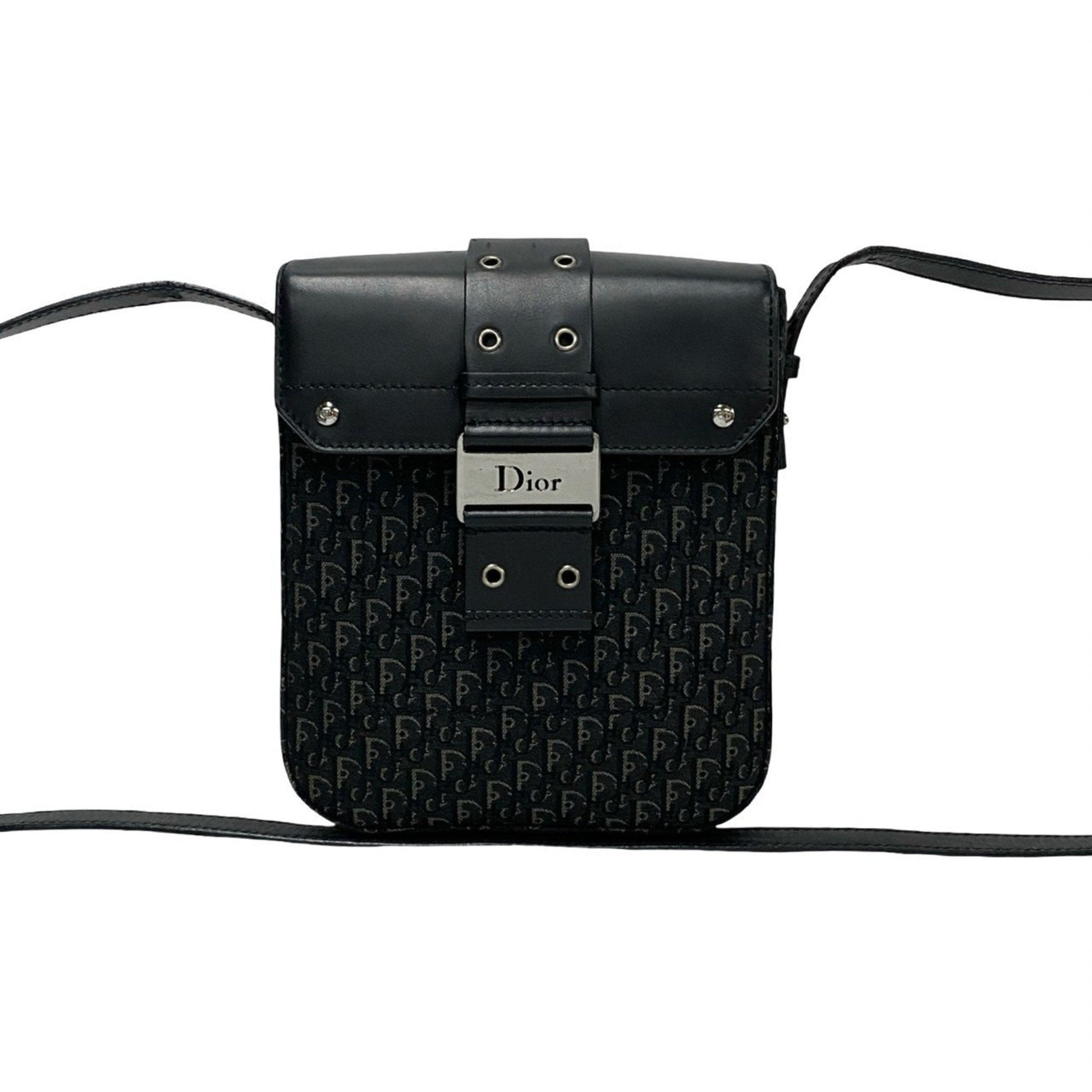 Christian Dior Black Leather Canvas Shoulder Bag  