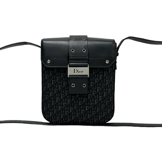 Christian Dior Black Leather Canvas Shoulder Bag  