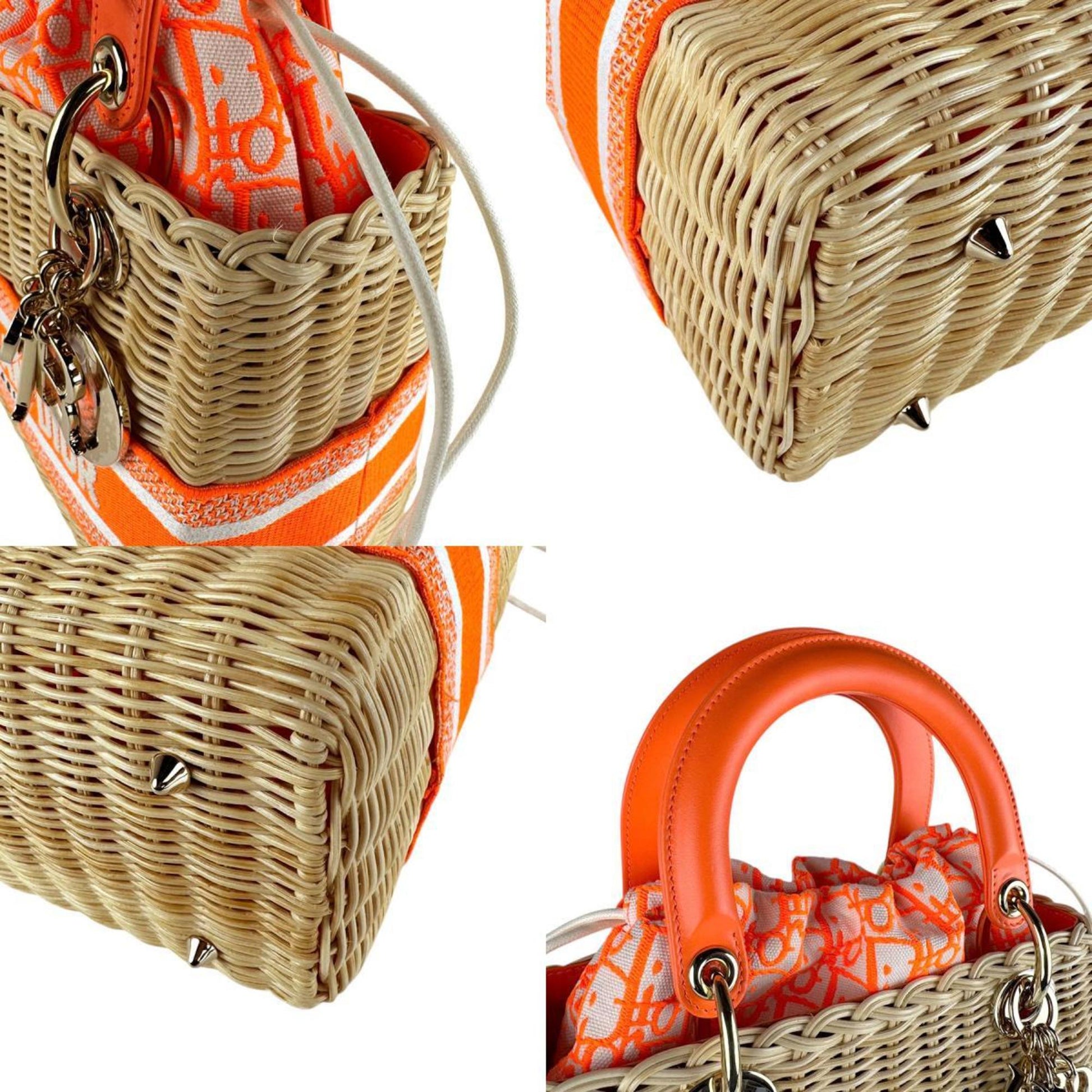 Christian Dior Neon Orange Straw Leather Canvas Handbag Shoulder Bag  