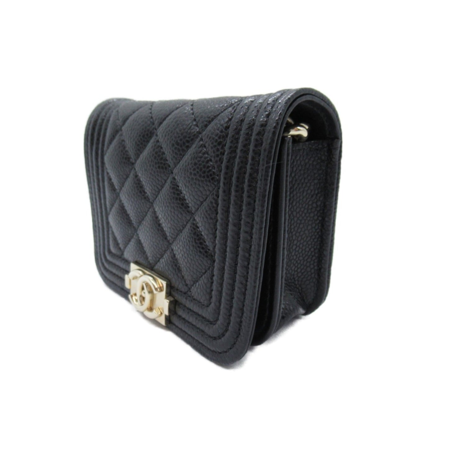 CHANEL Boy Chanel Chain Pochette Shoulder Bag Black Caviar Skin Grained Calf