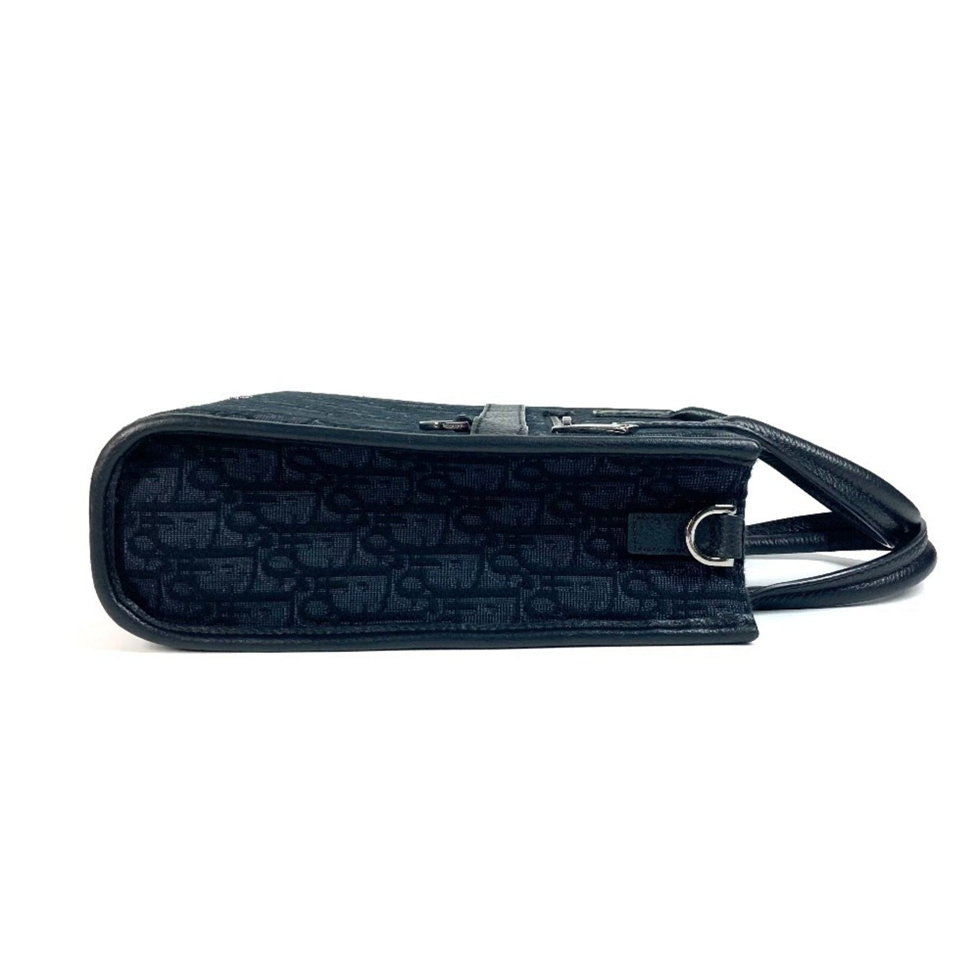 Christian Dior Black Dark Navy Canvas Leather Handbag Tote Bag  