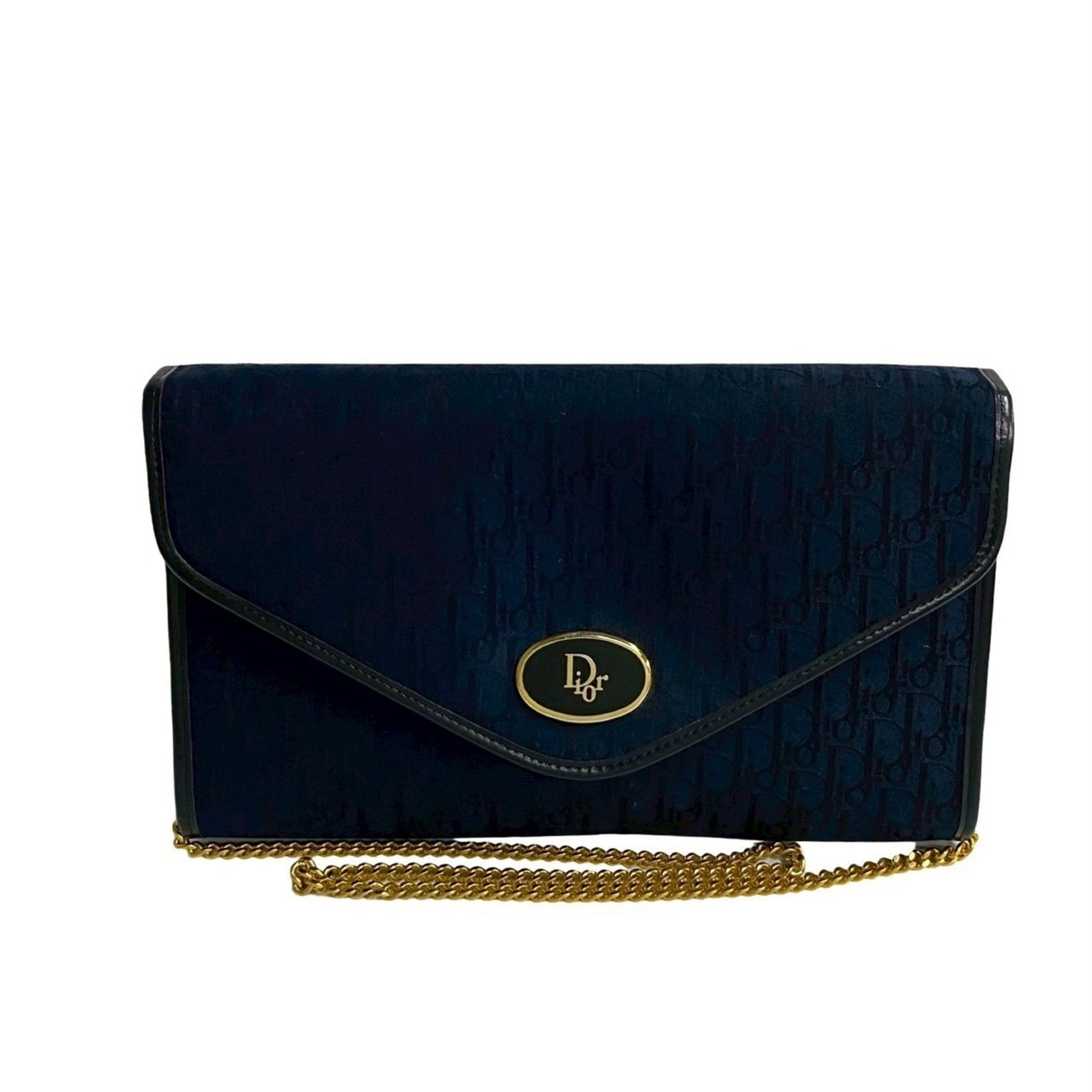 Christian Dior Navy Leather Canvas Shoulder Bag  
