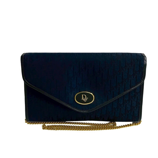 Christian Dior Navy Leather Canvas Shoulder Bag  