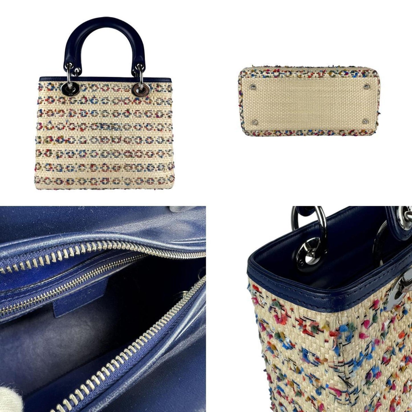 Christian Dior Beige Multi-Color Navy Raffia Leather Handbag Shoulder Bag  