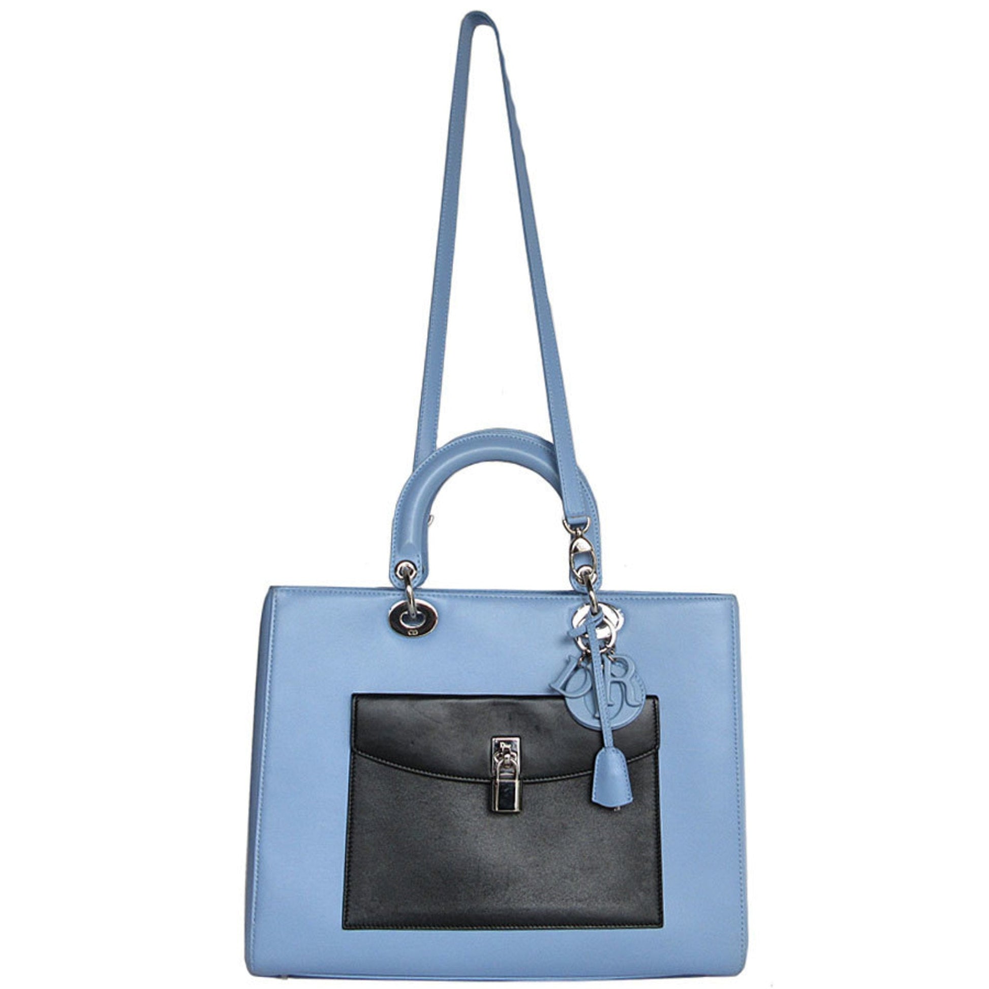 Christian Dior Black Light Blue White Leather Handbag Shoulder Bag  
