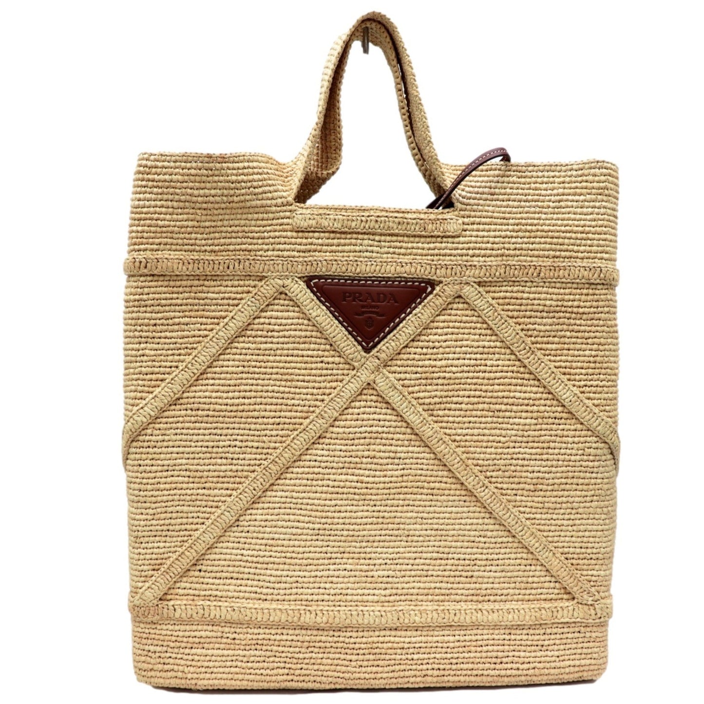 Prada raffia tote Bag ladies beige triangle plate with leather pouch straw Prada