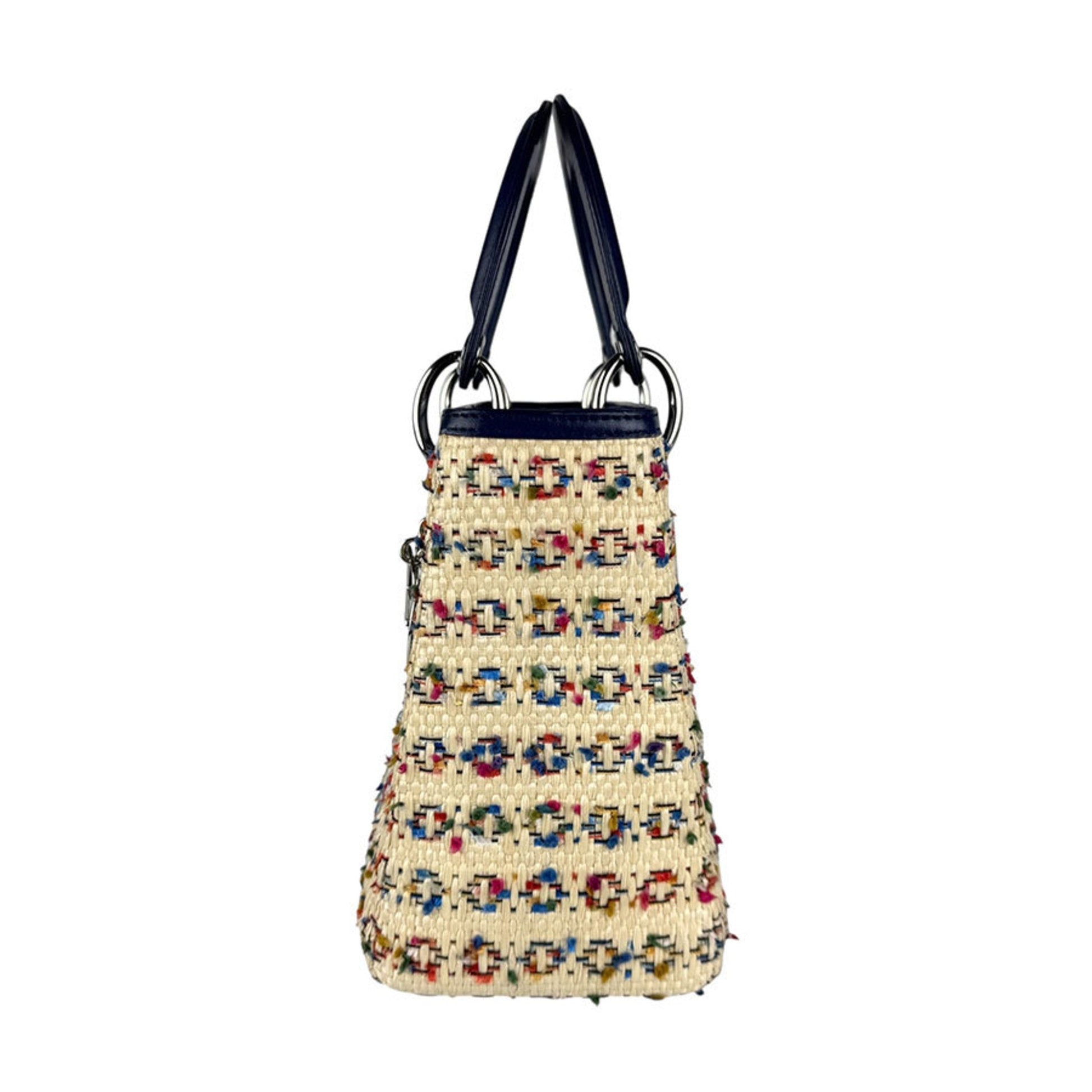 Christian Dior Beige Multi-Color Navy Raffia Leather Handbag Shoulder Bag  