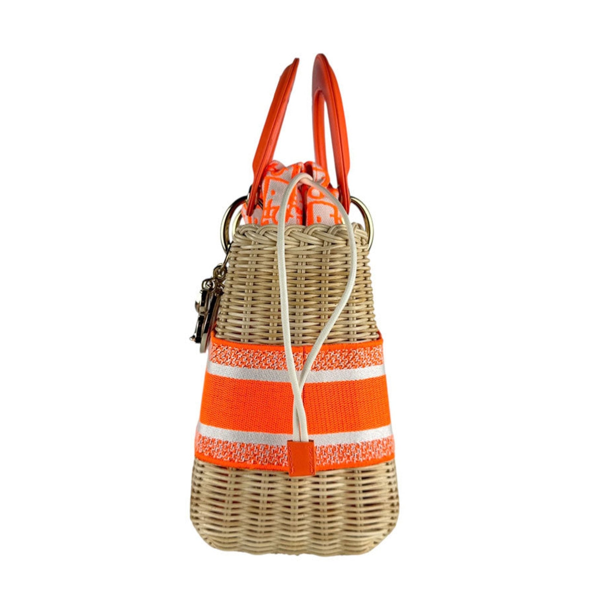 Christian Dior Neon Orange Straw Leather Canvas Handbag Shoulder Bag  