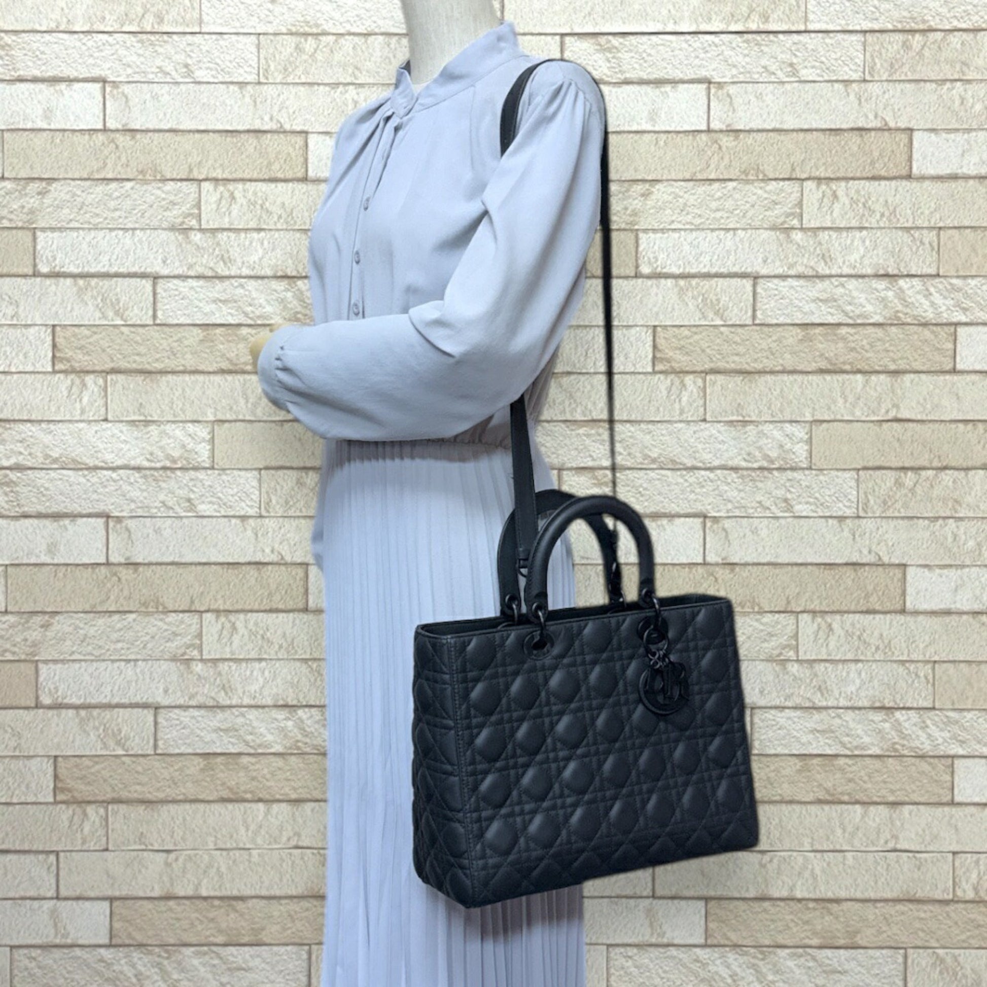Christian Dior Lady Dior Black Leather Shoulder Bag  