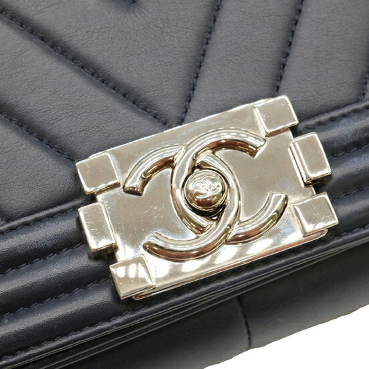CHANEL Boy Chanel V stitch chain shoulder handbag dark navy blue with sticker