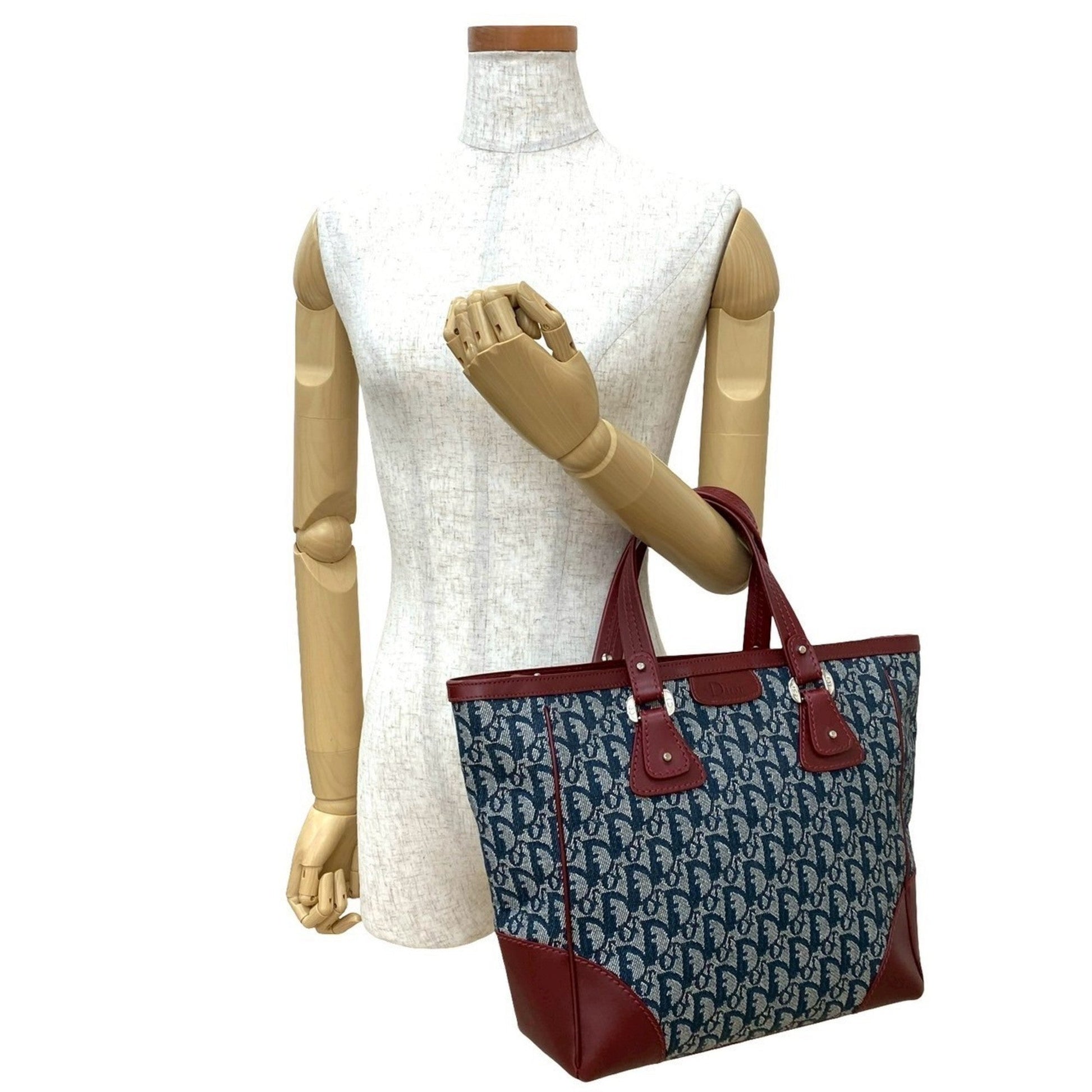 Christian Dior Navy Wine Canvas Leather Handbag Tote Bag  