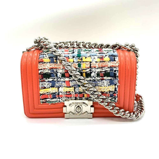 Chanel Bag Boy Chain Shoulder Coral Orange x Multicolor Horizontal Women s Tweed Leather A67085 CHANEL