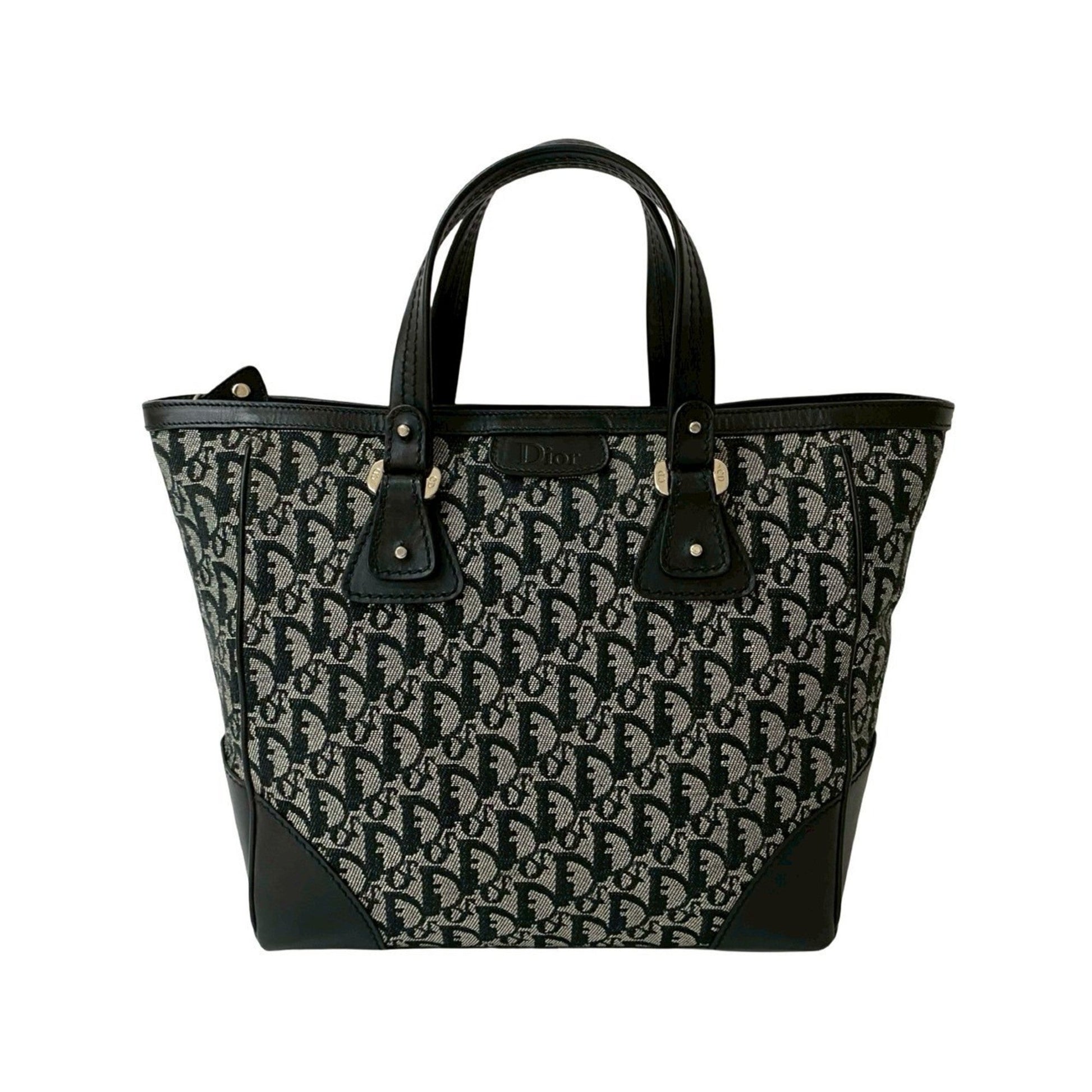Christian Dior Black Canvas Leather Handbag Tote Bag  