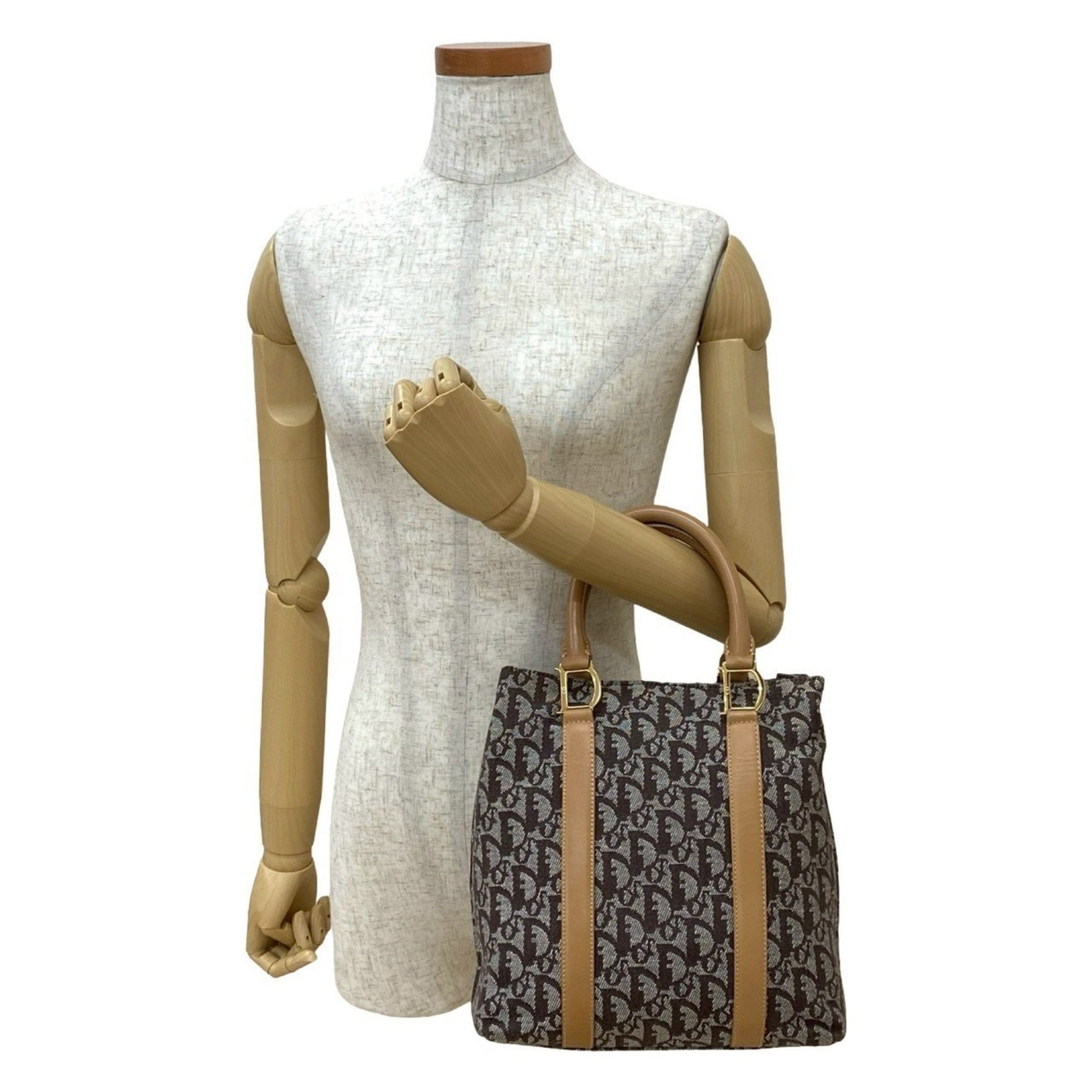 Christian Dior Beige Brown Leather Canvas Handbag  