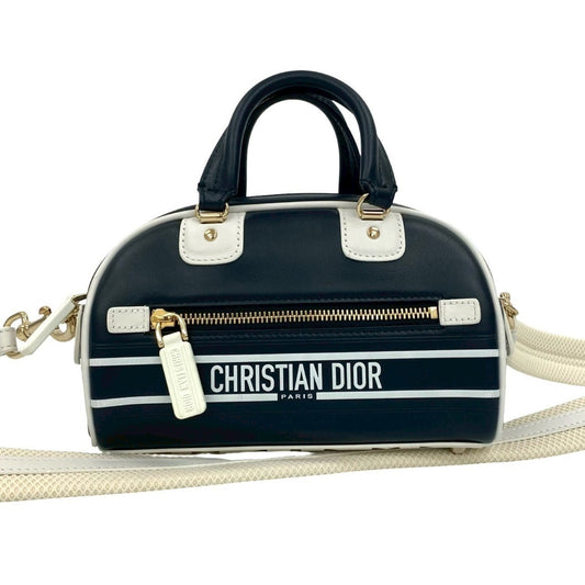 Christian Dior Navy White Leather Handbag Shoulder Bag  