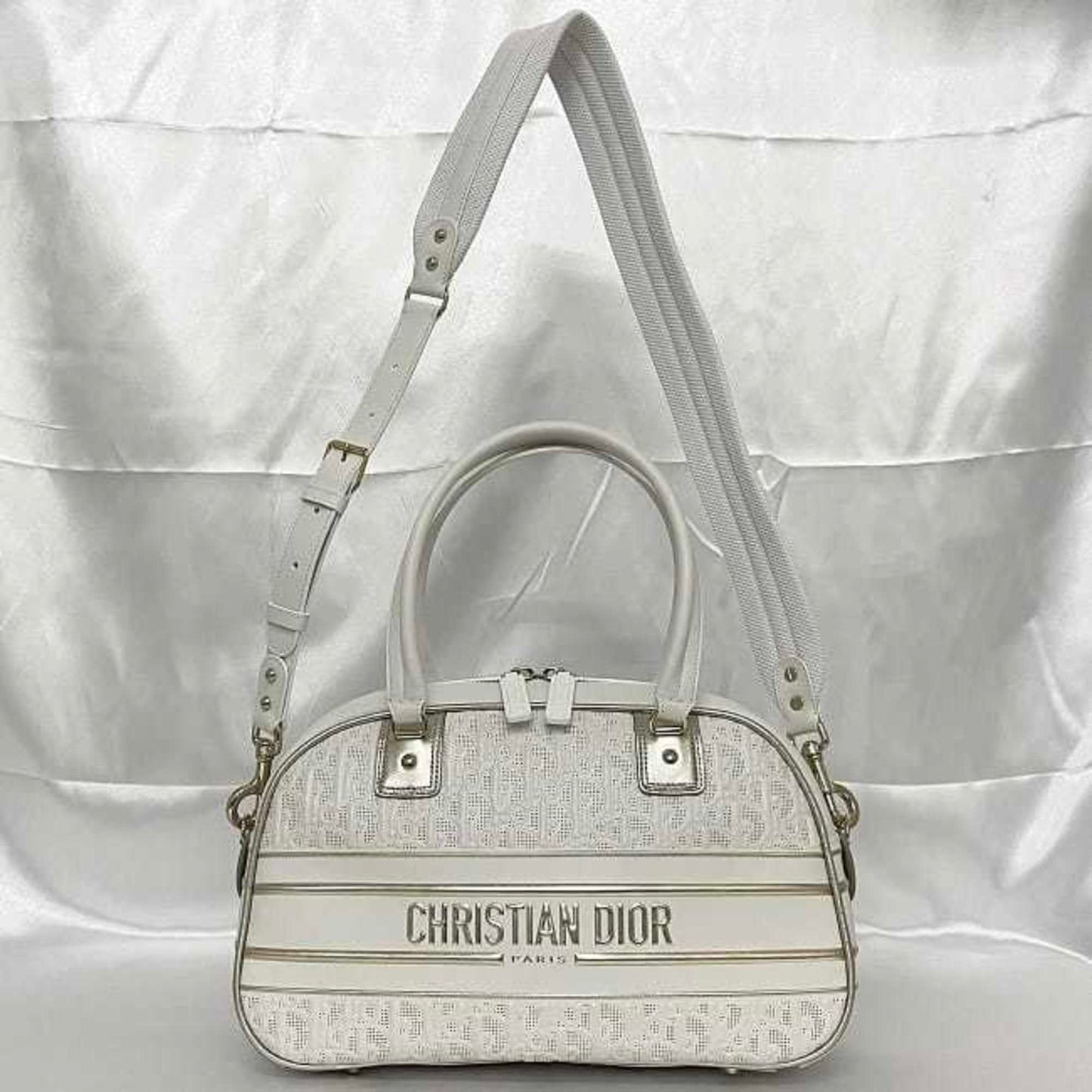 Christian Dior Trotter White Leather Rubber Boston Bag Handbag  