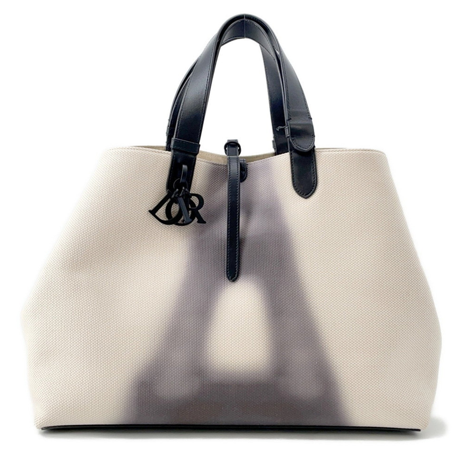 Christian Dior Black Ivory Canvas Leather Tote Bag  