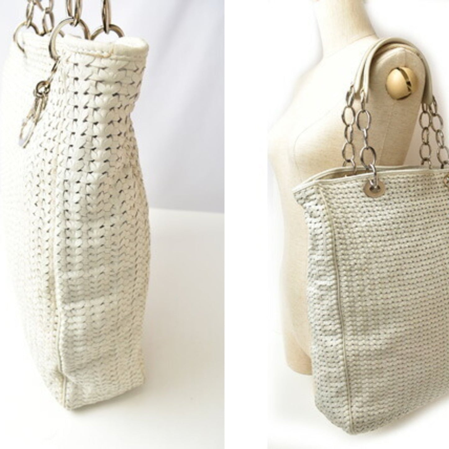 Christian Dior Lady Dior Silver White Leather Tote Bag  