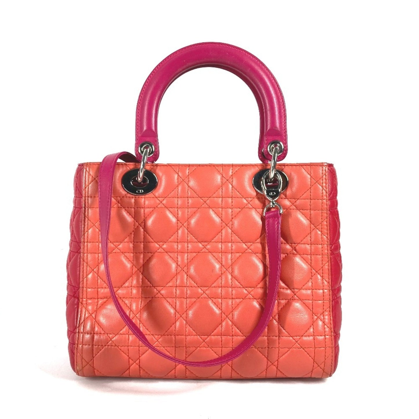 Christian Dior Lady Dior Orange Pink Red Color Leather Handbag Shoulder Bag Tote Bag  