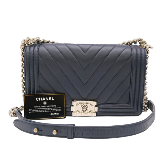CHANEL Boy Chanel V stitch chain shoulder handbag dark navy blue with sticker