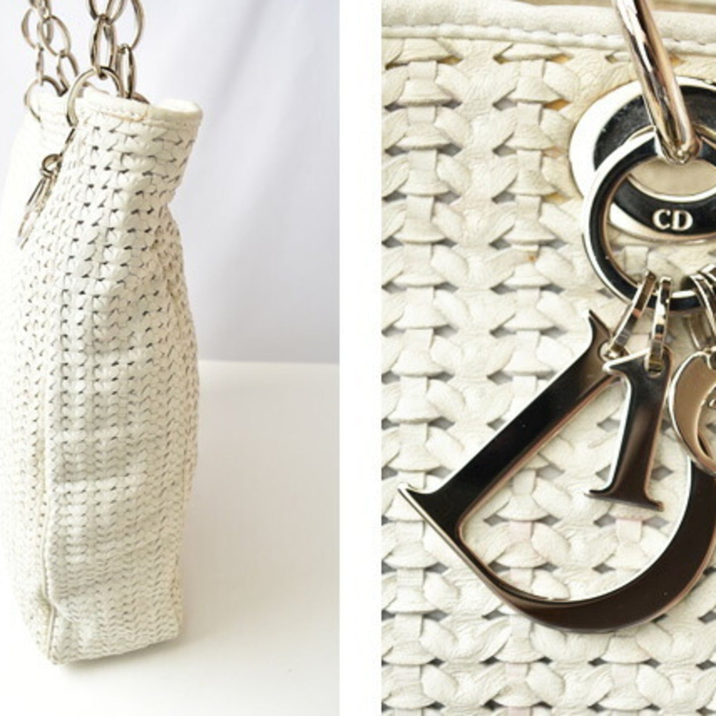 Christian Dior Lady Dior Silver White Leather Tote Bag  