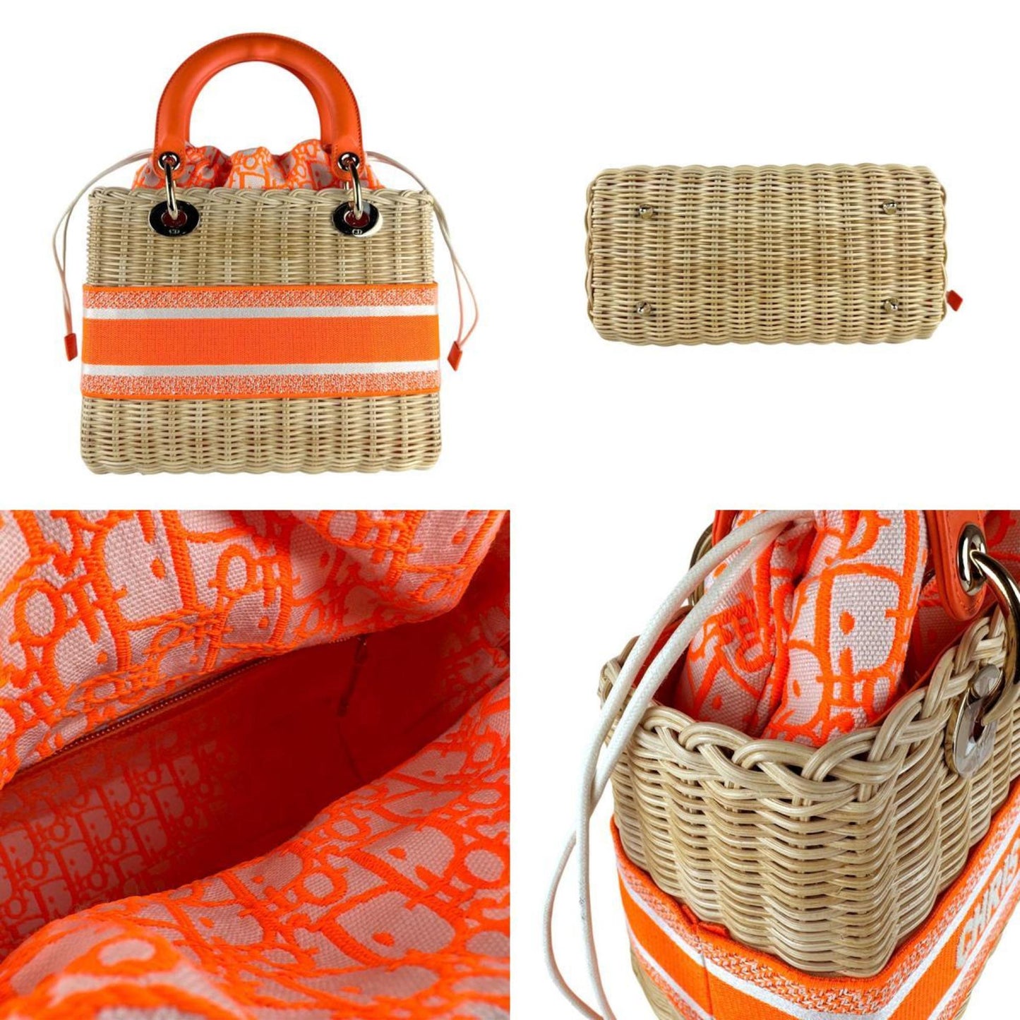 Christian Dior Neon Orange Straw Leather Canvas Handbag Shoulder Bag  