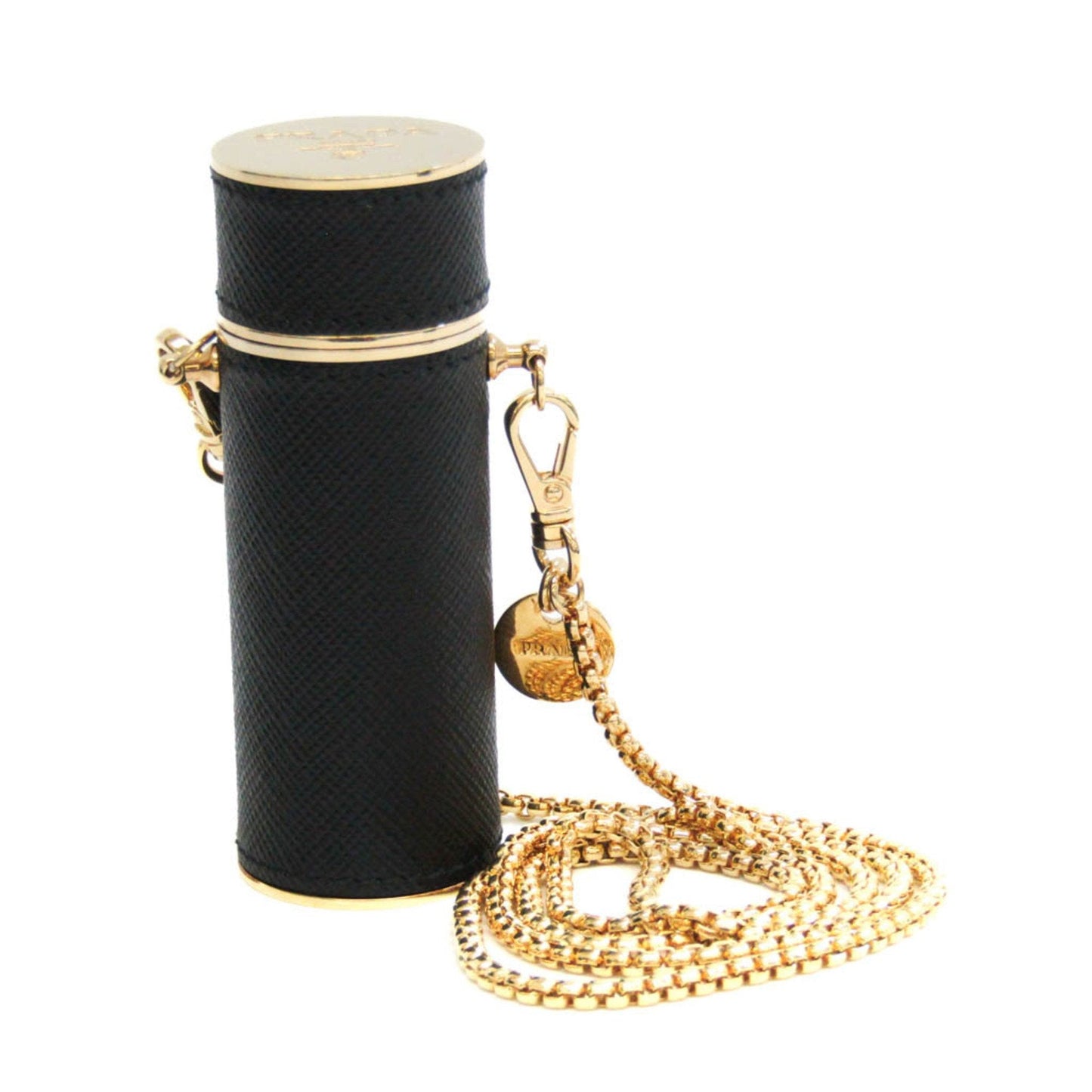 Prada Leather Metal Lipstick Case Black,Gold Luxury Handbag