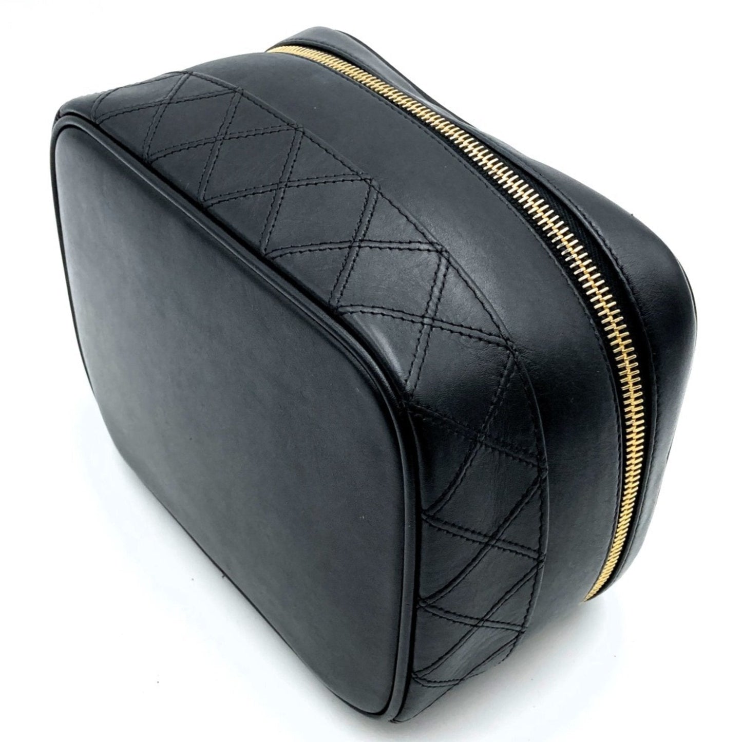 CHANEL Bicolor Vanity Bag Cosmetic Pouch Coco Mark Black Lambskin Leather Women s