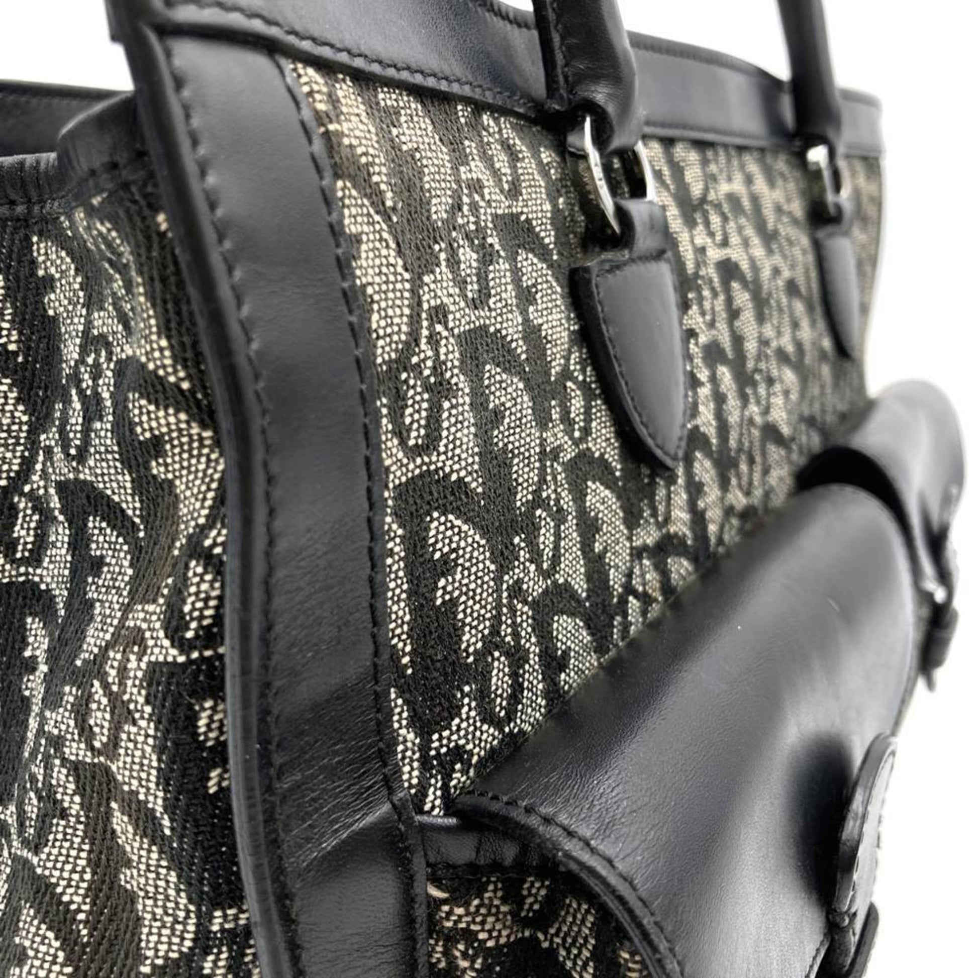 Christian Dior Black Canvas Leather Handbag Tote Bag  