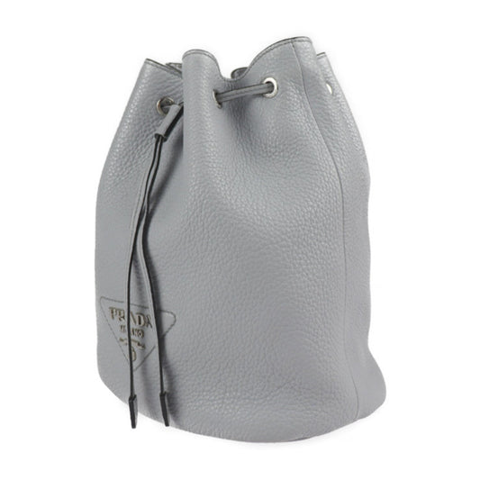 Prada Shoulder Bag Leather Gray Silver Hardware Drawstring Triangle Logo Plate