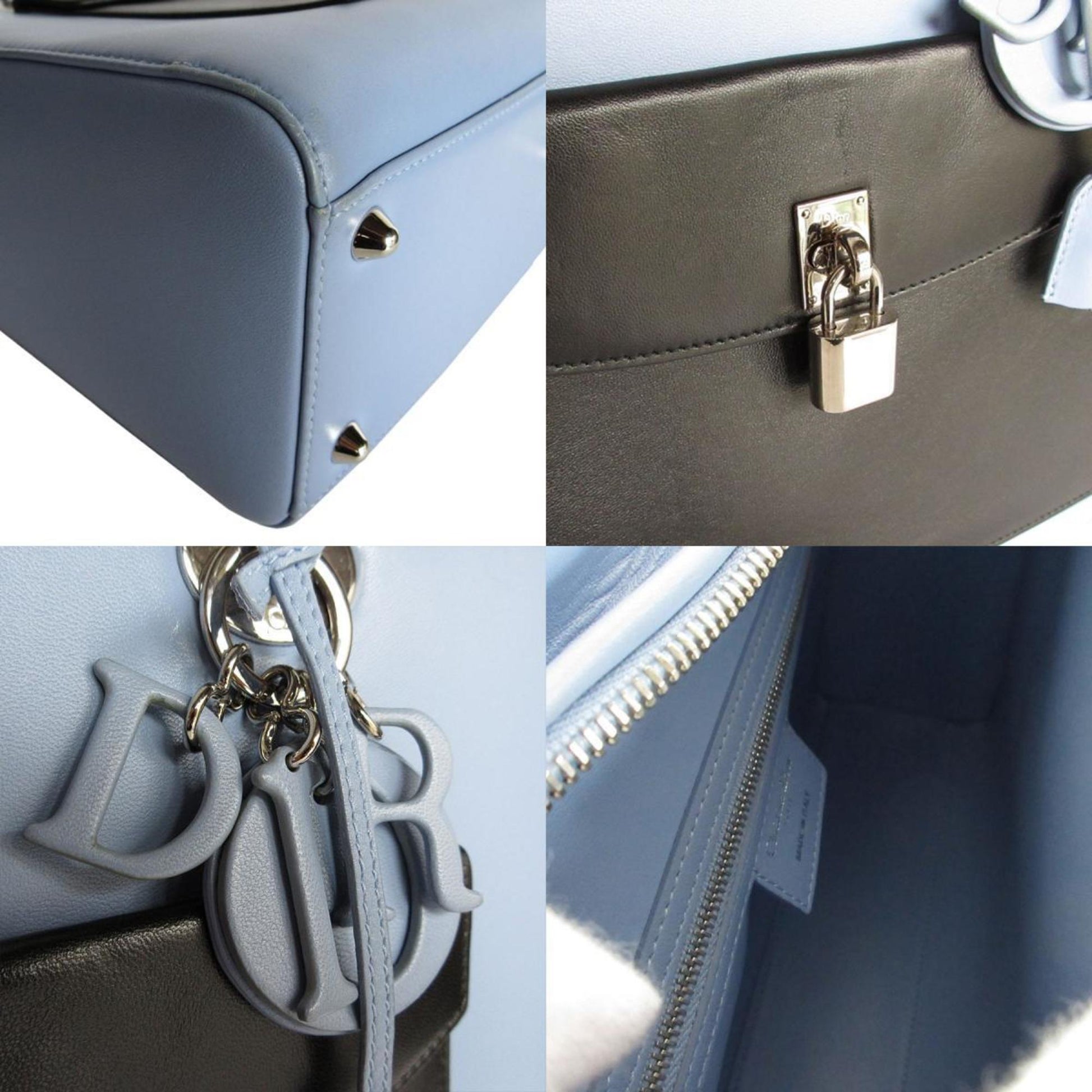 Christian Dior Black Light Blue White Leather Handbag Shoulder Bag  