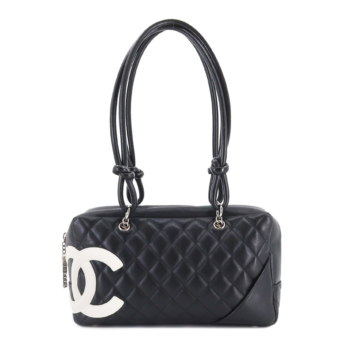 CHANEL Cambon Line Bowling Shoulder Bag Leather Black White A25171