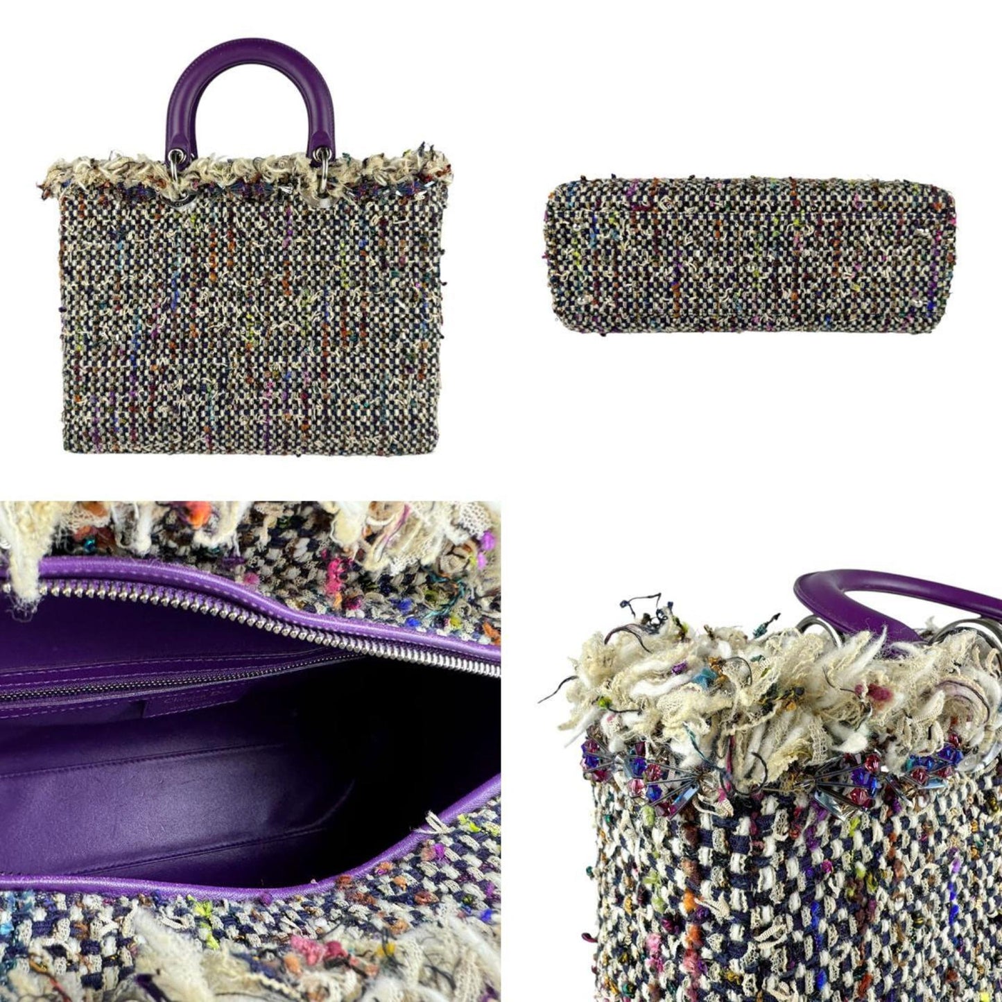 Christian Dior Multi-Color Purple Tweed Leather Handbag Shoulder Bag  