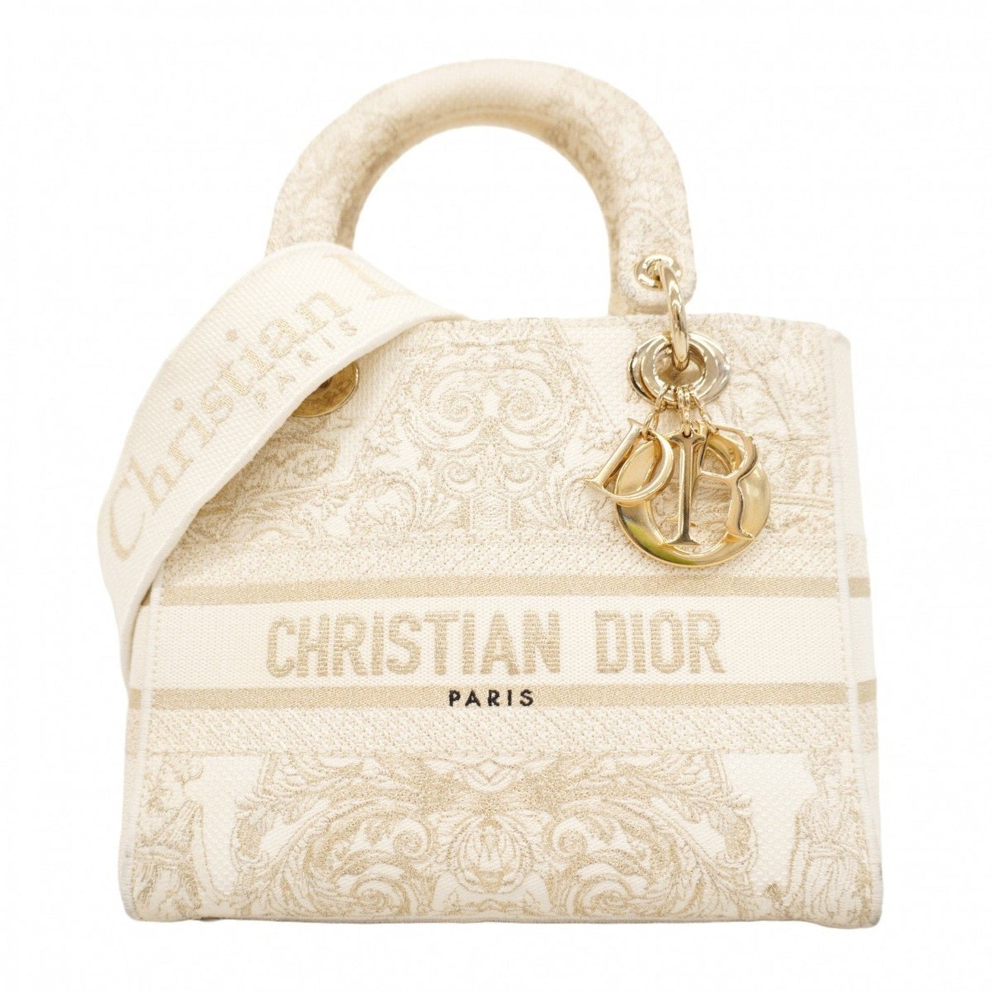 Christian Dior Gold White Canvas Handbag  