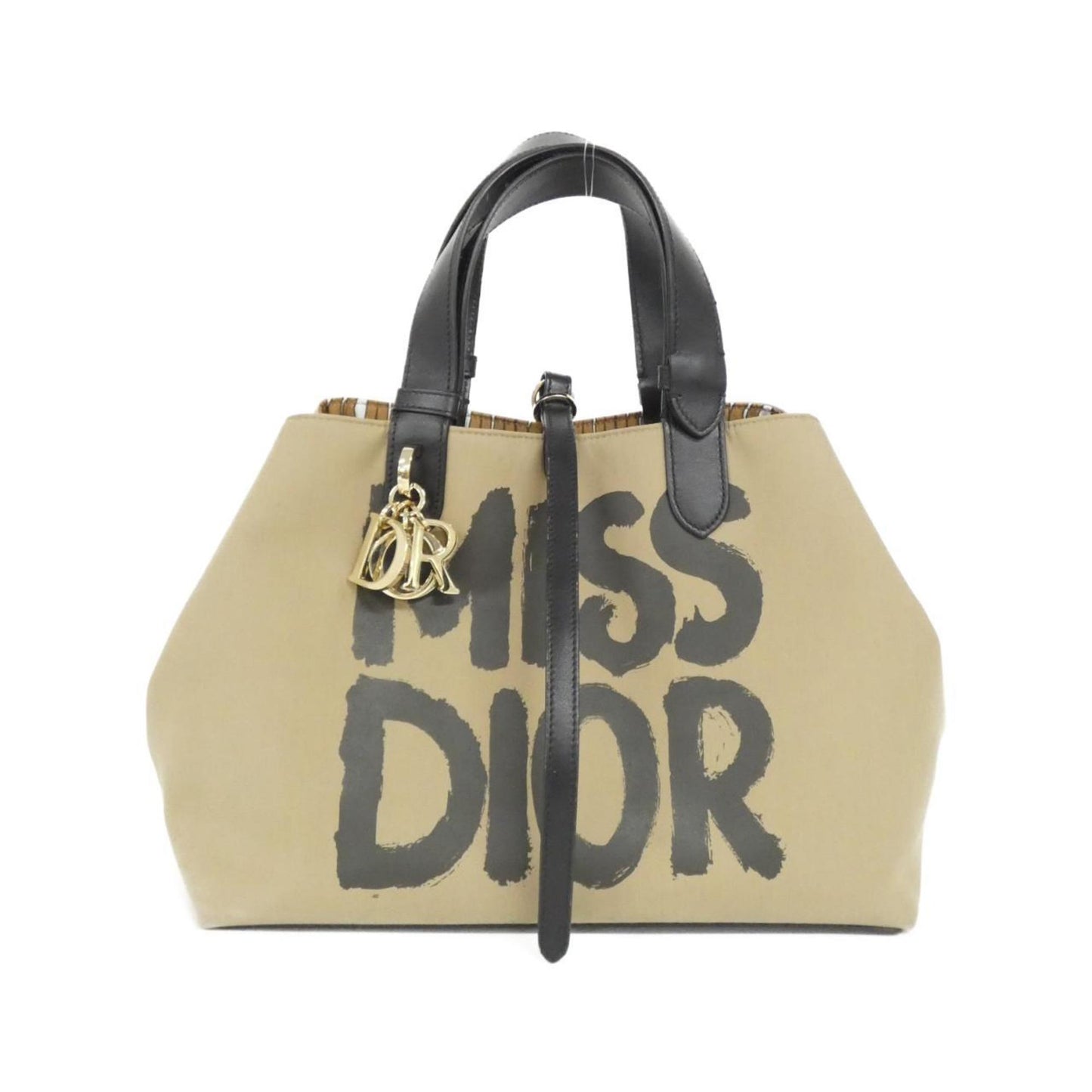 Christian Dior Beige Black Cotton Leather Handbag  