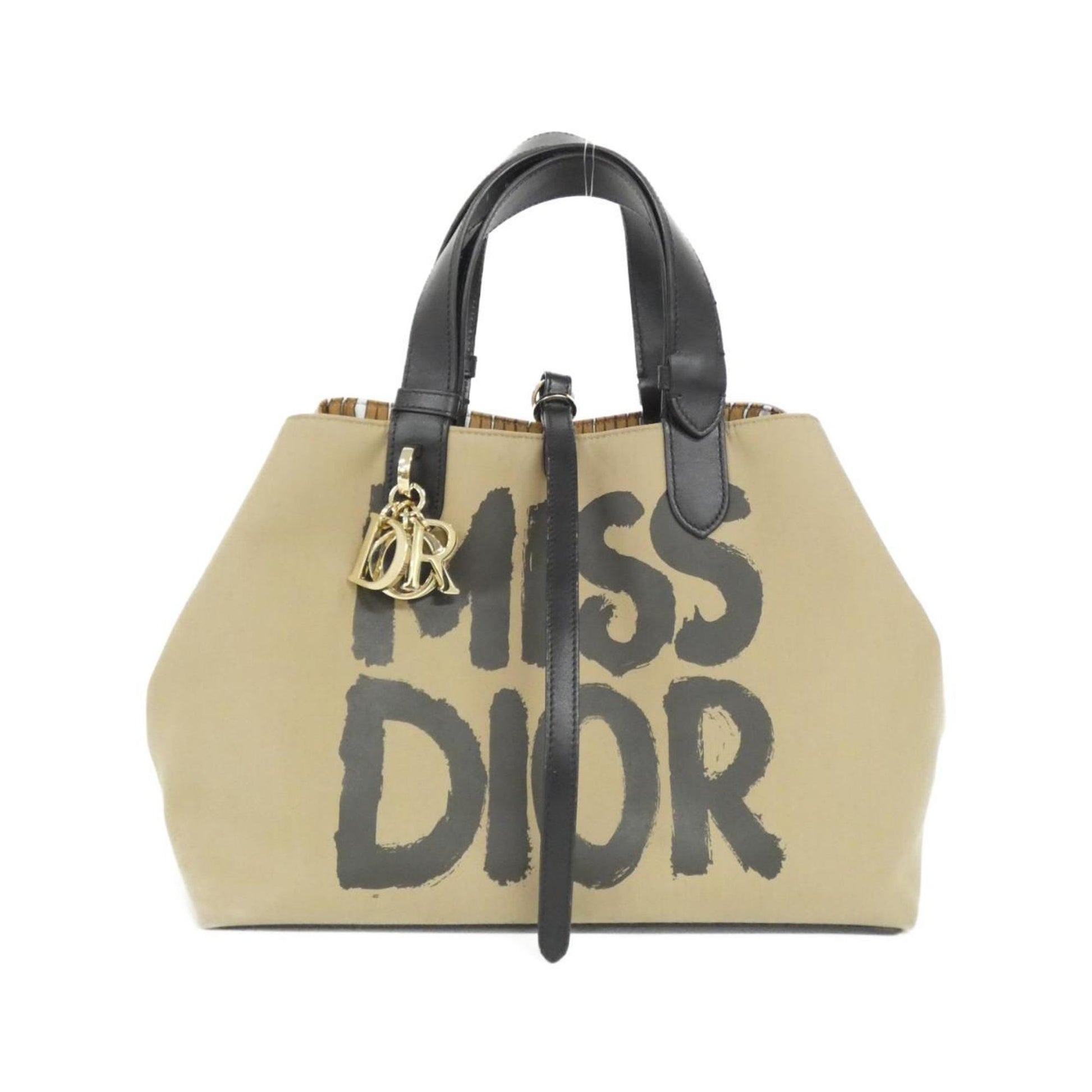 Christian Dior Beige Black Cotton Leather Handbag  