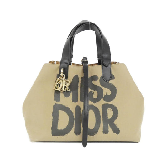 Christian Dior Beige Black Cotton Leather Handbag  