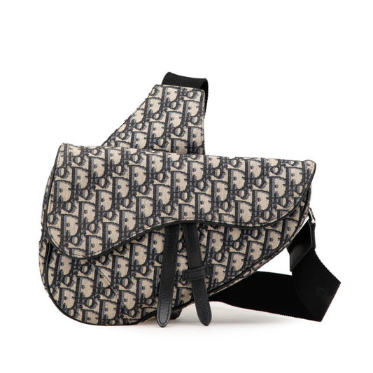 Christian Dior Beige Navy Canvas Leather Saddle Bag Shoulder Bag Sling Bag  