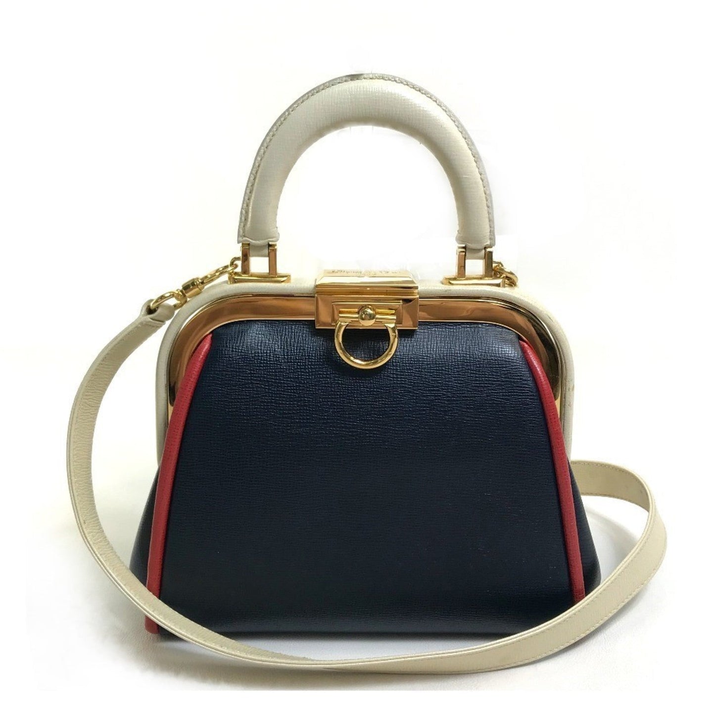Christian Dior Navy Red Color White Leather Handbag Shoulder Bag  