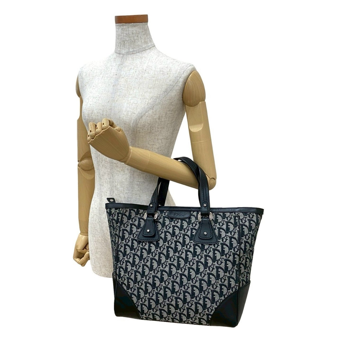 Christian Dior Black Canvas Leather Handbag Tote Bag  