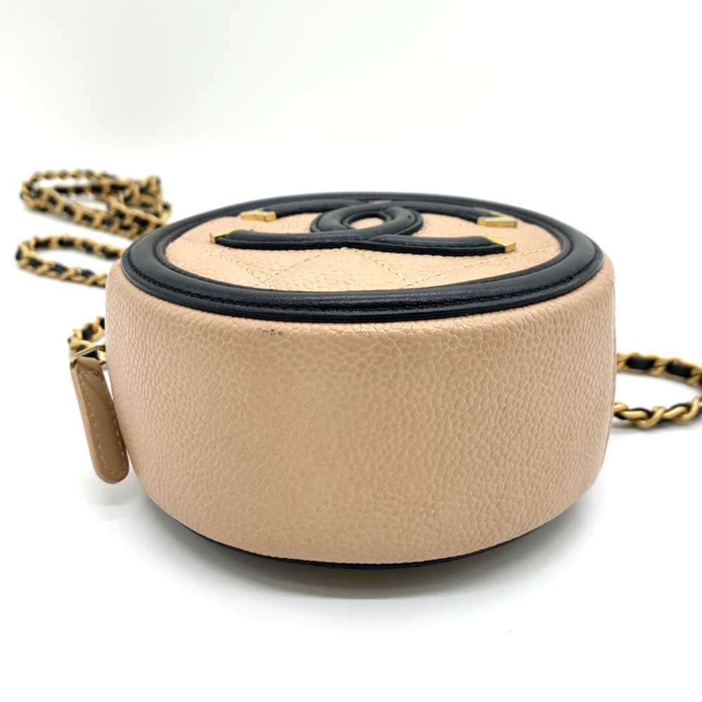 Chanel Bag CC Filigree Round Chain Shoulder Beige x Black Pochette Pouch Circle Crossbody Women s Caviar Skin CHANEL