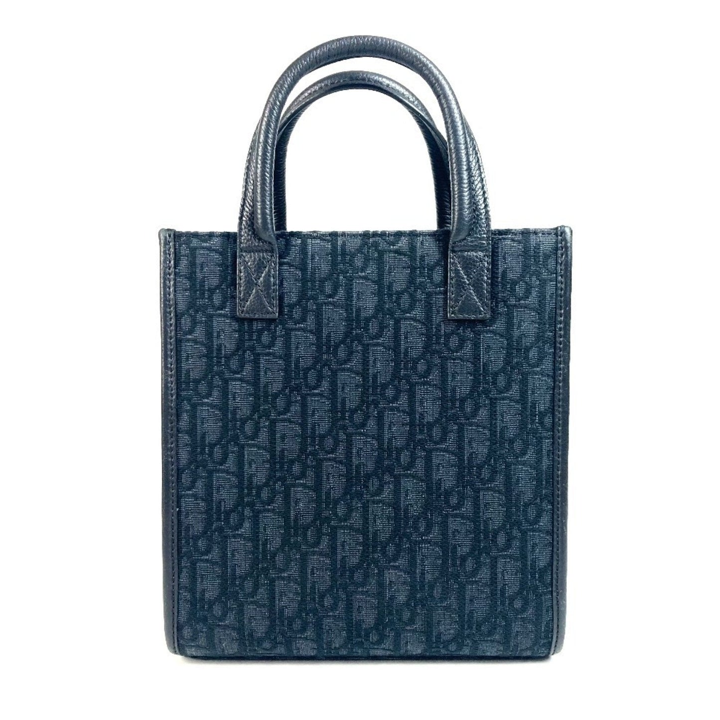 Christian Dior Black Dark Navy Canvas Leather Handbag Tote Bag  