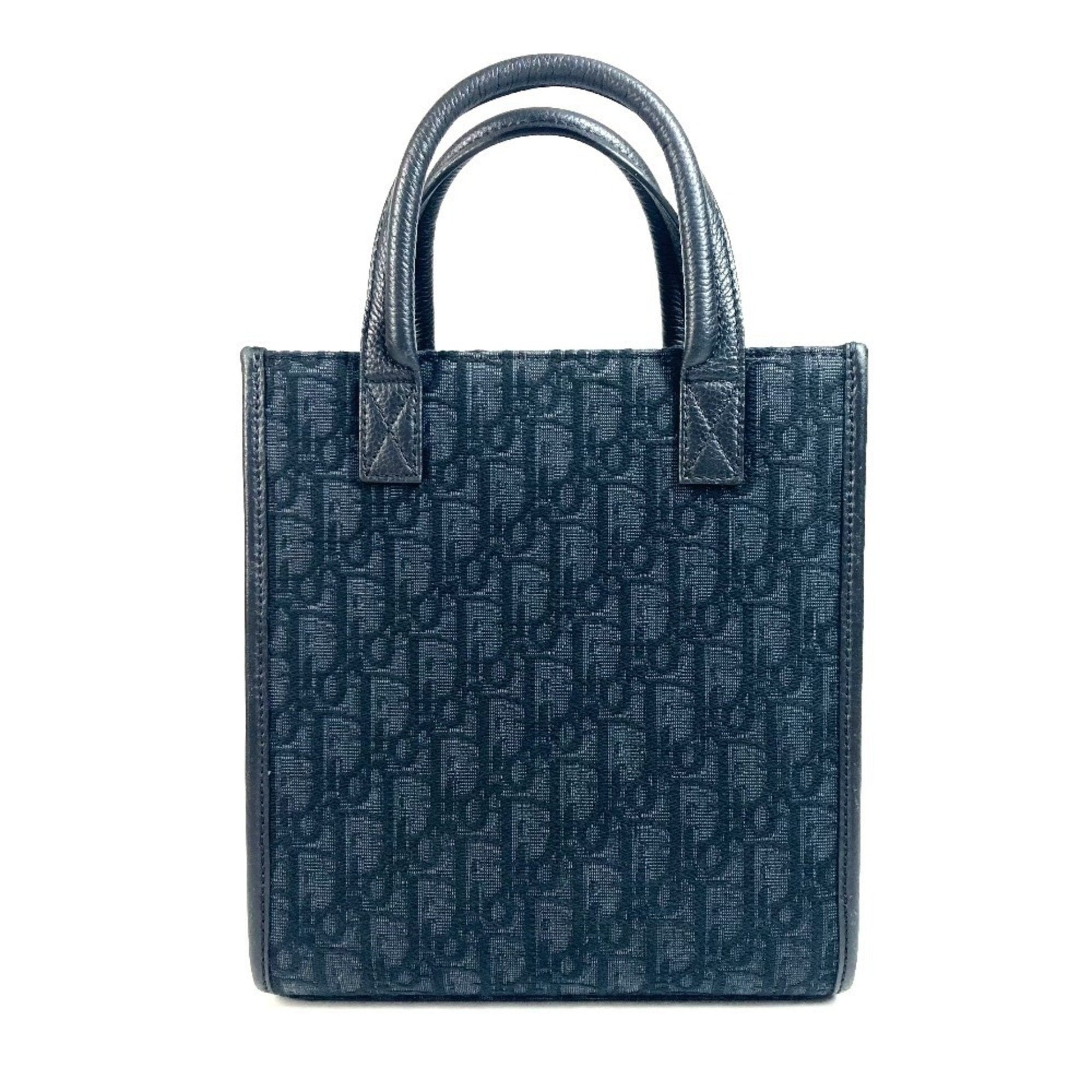 Christian Dior Black Dark Navy Canvas Leather Handbag Tote Bag  