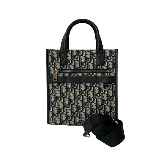 Christian Dior Black Navy Leather Canvas Handbag Shoulder Bag  